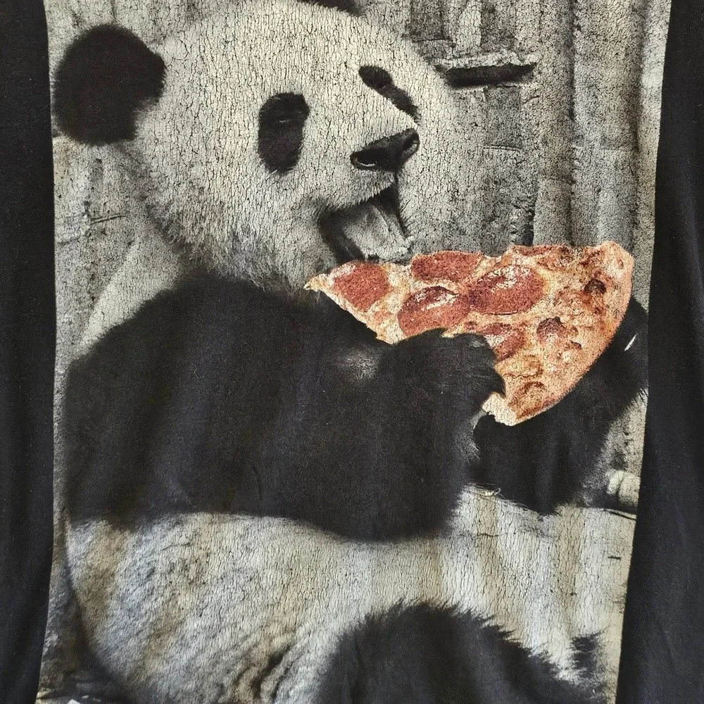 Gildan Softstyle Mens Large Black Panda Eating Pizza Graphic T-Shirt Humor‎ Tee